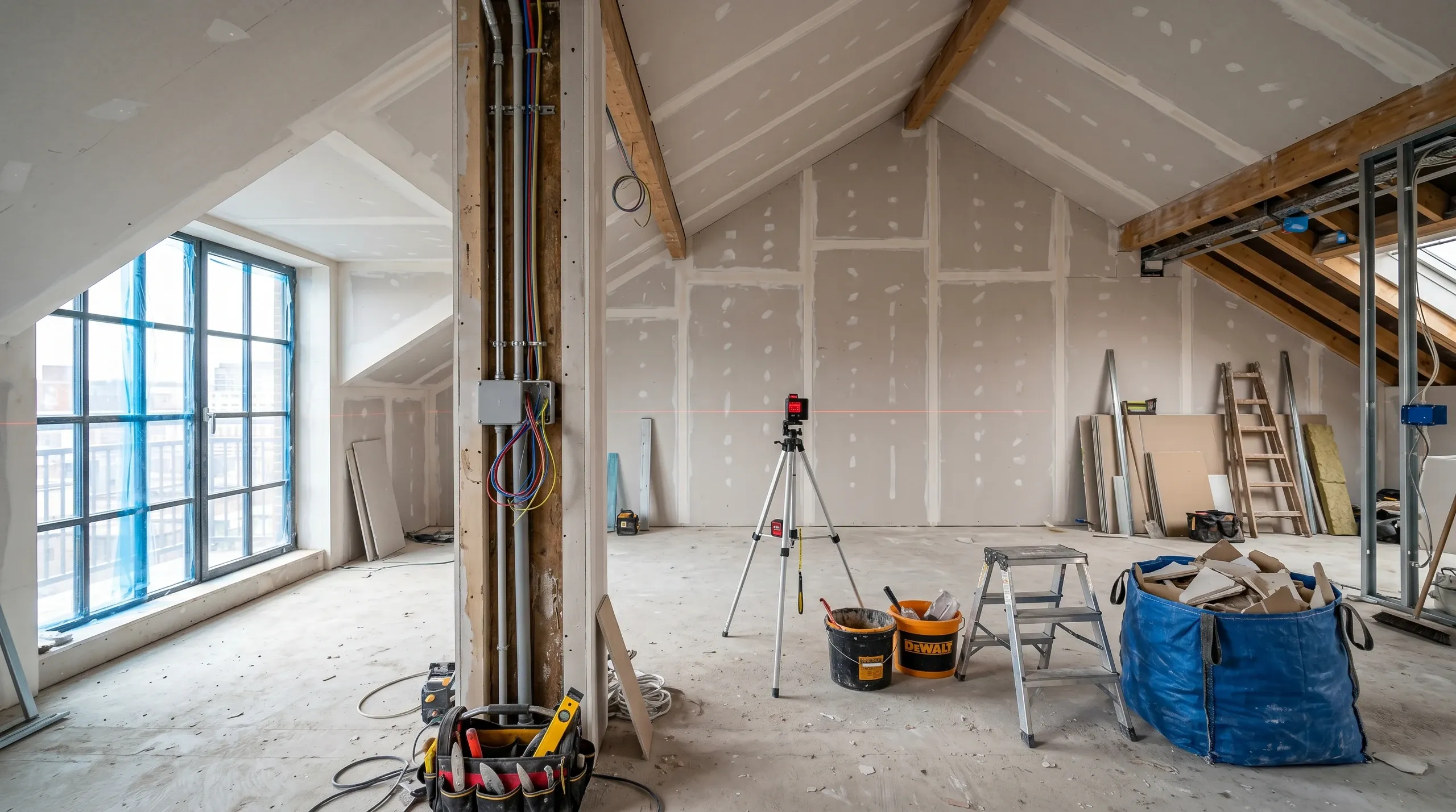 Ausbau des Dachbodens mit Trockenbauwänden und Laserunterstützung
