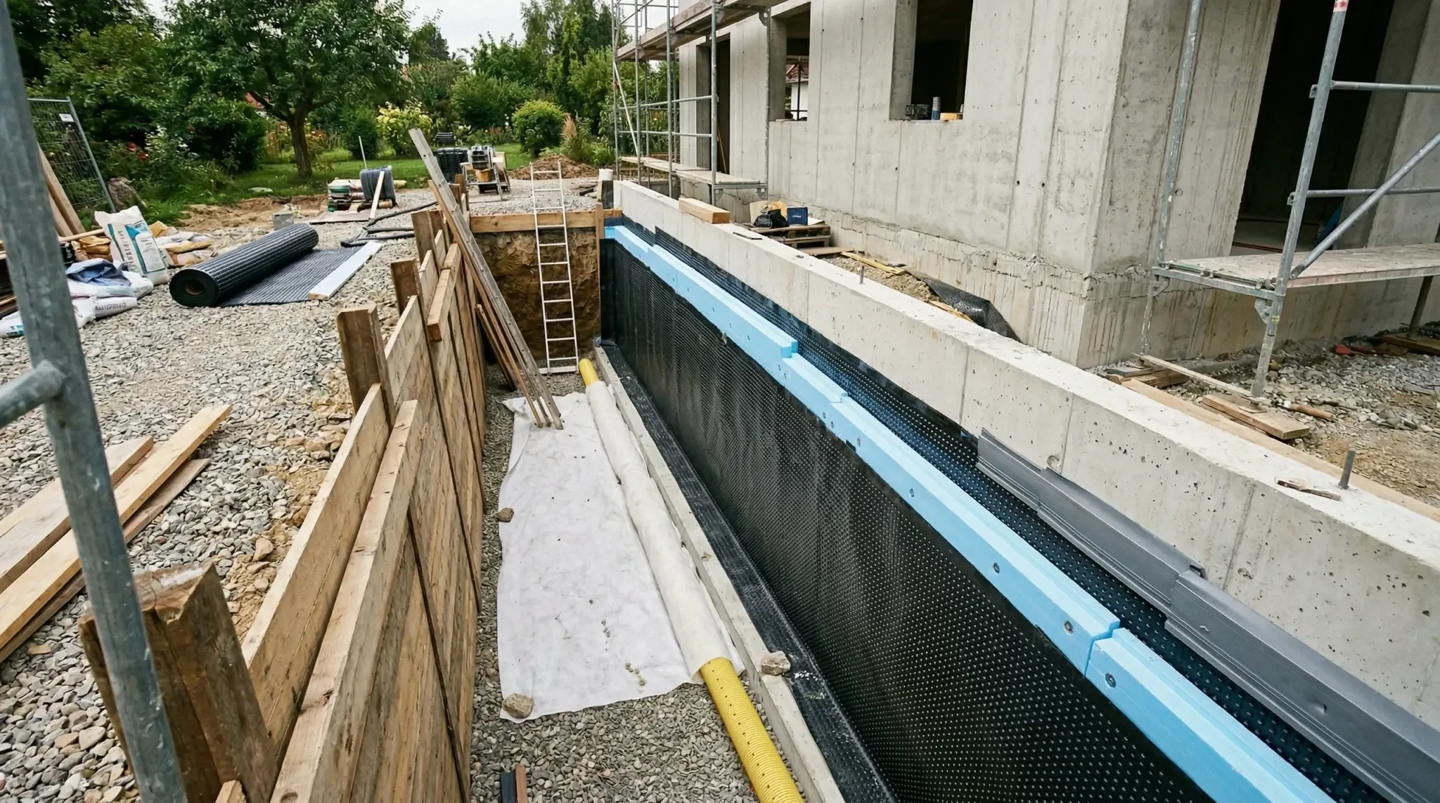 Ausgehobener Kellergraben mit Betonfundament, Drainage und Kellerisolierung