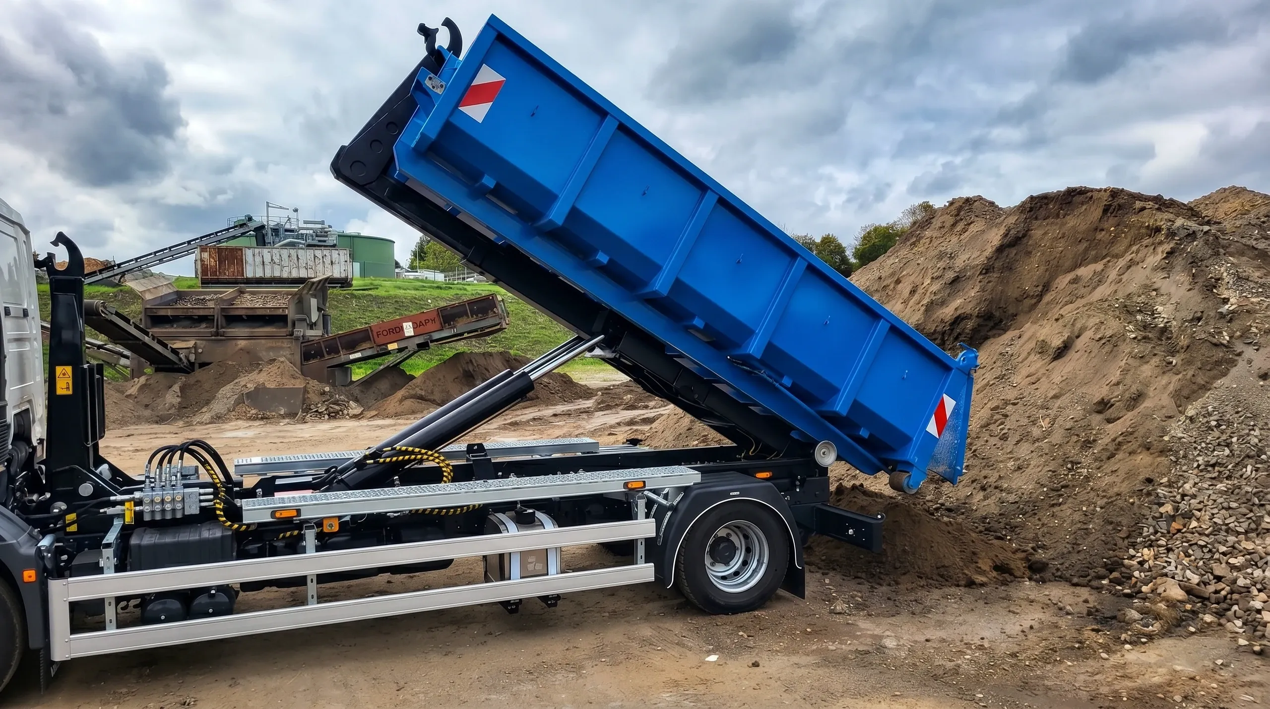 Lkw mit aufklappbarem Absetzcontainer beim Entladen von Erdmaterial auf Baustelle – Containerdienst