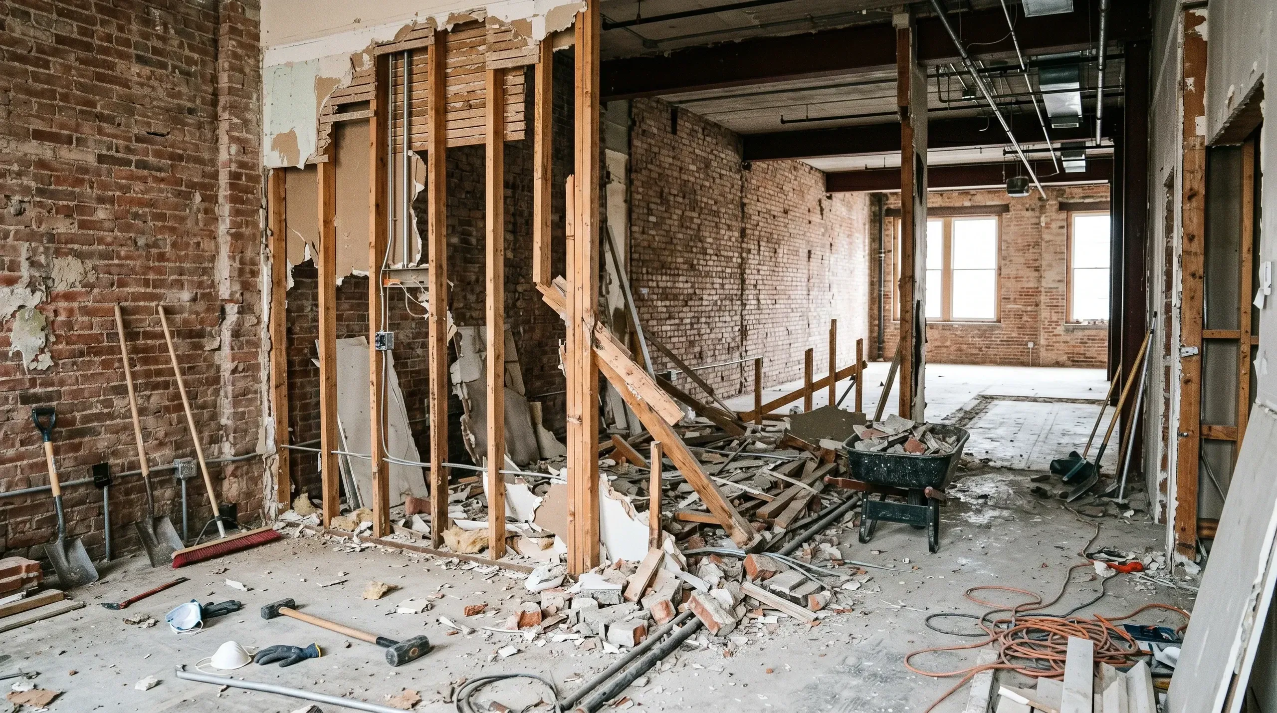 Abbrucharbeiten an Innenwand mit freigelegten Holzständern und Ziegeltrümmern, Werkzeugen und Schubkarre im Rohbau