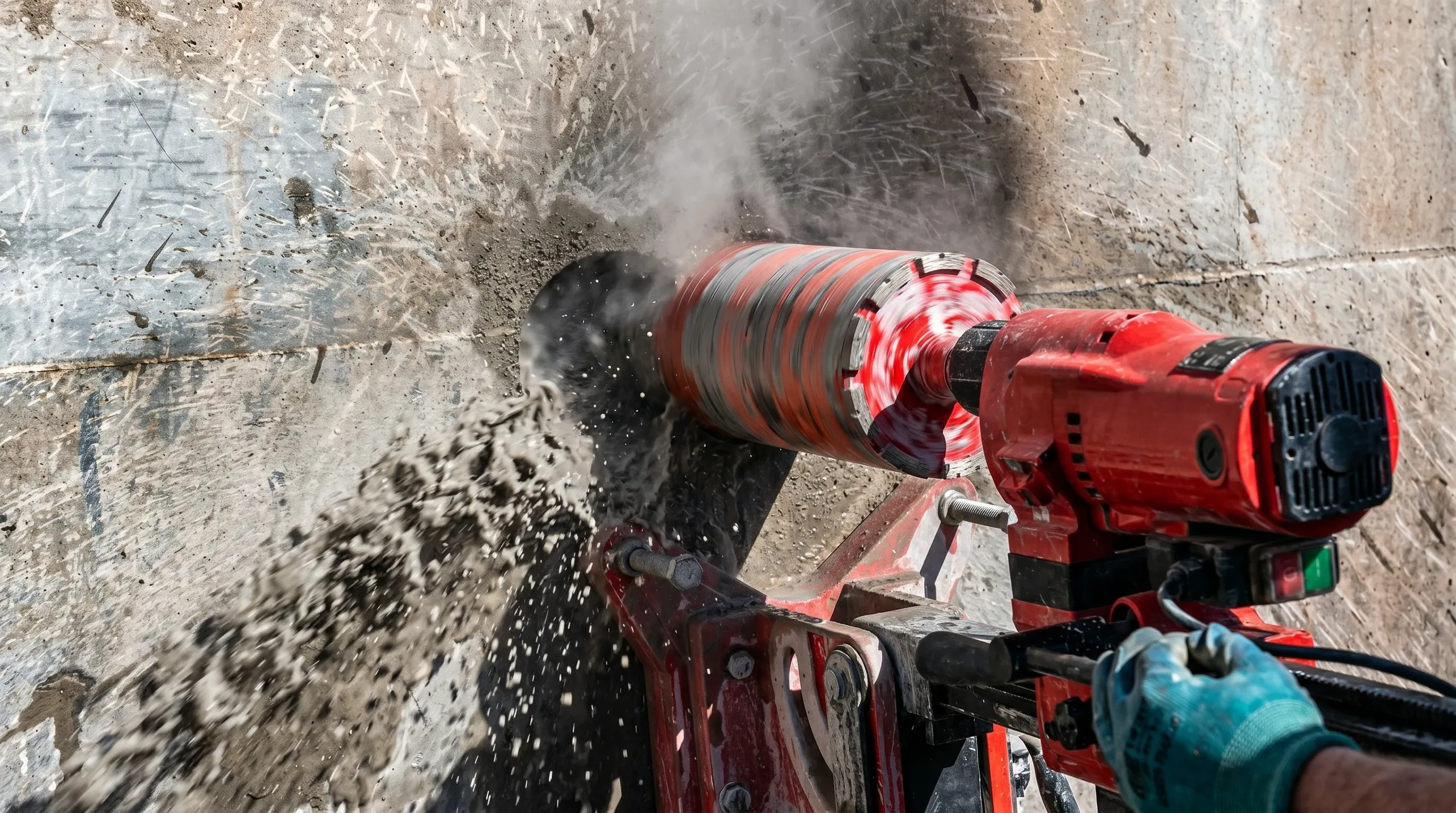 Kernbohrarbeiten an Betonwand mit roter Bohrmaschine und spritzendem Bohrschlamm
