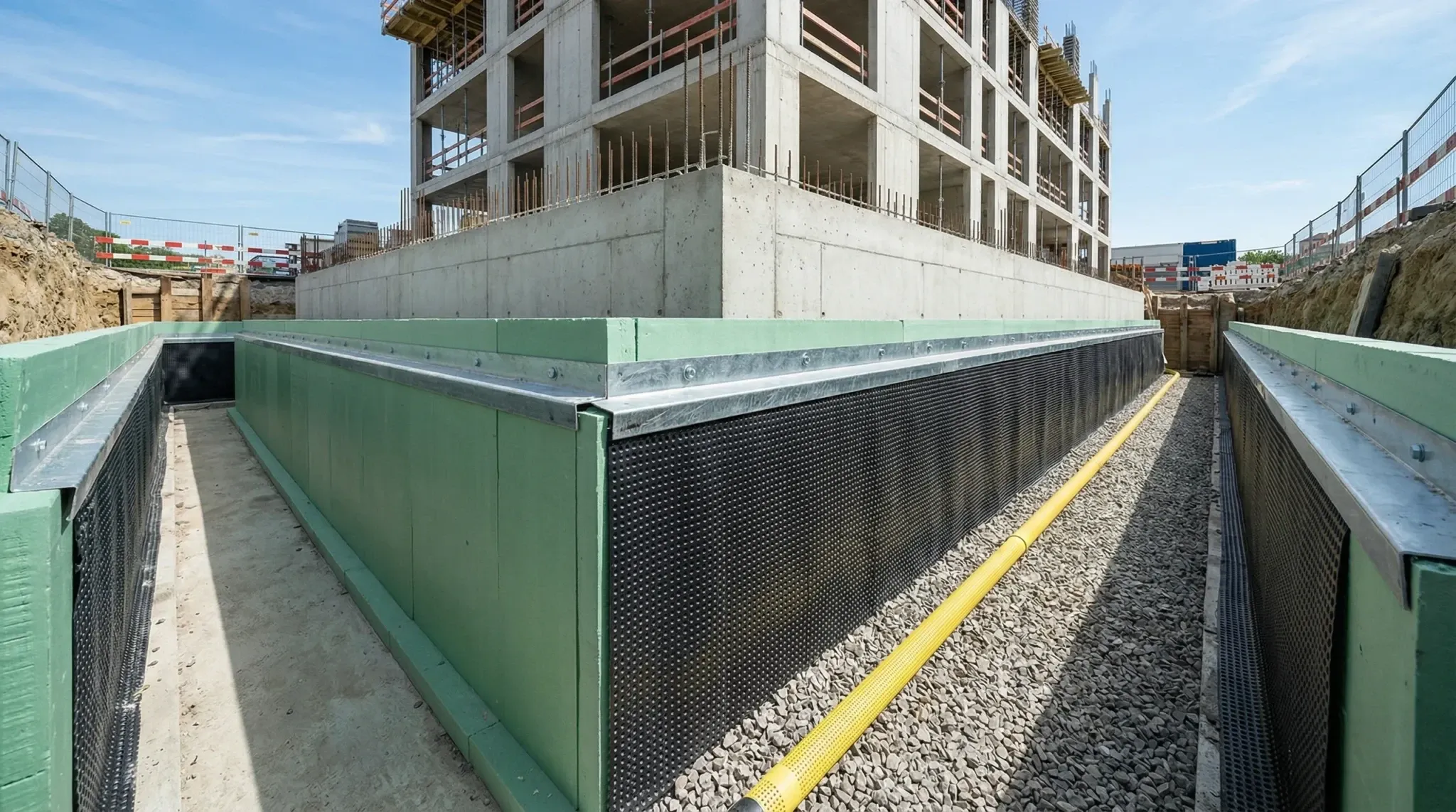 Außenansicht einer Kellerisolierung mit grünen Dämmplatten, Drainageschicht und Perforationsrohr