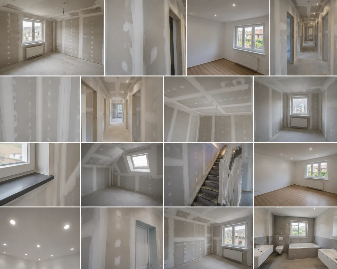 Innenraum mit gespachtelten Gipskartonwänden und -decken im Trockenbau, eingebauten Fenstern und Türen