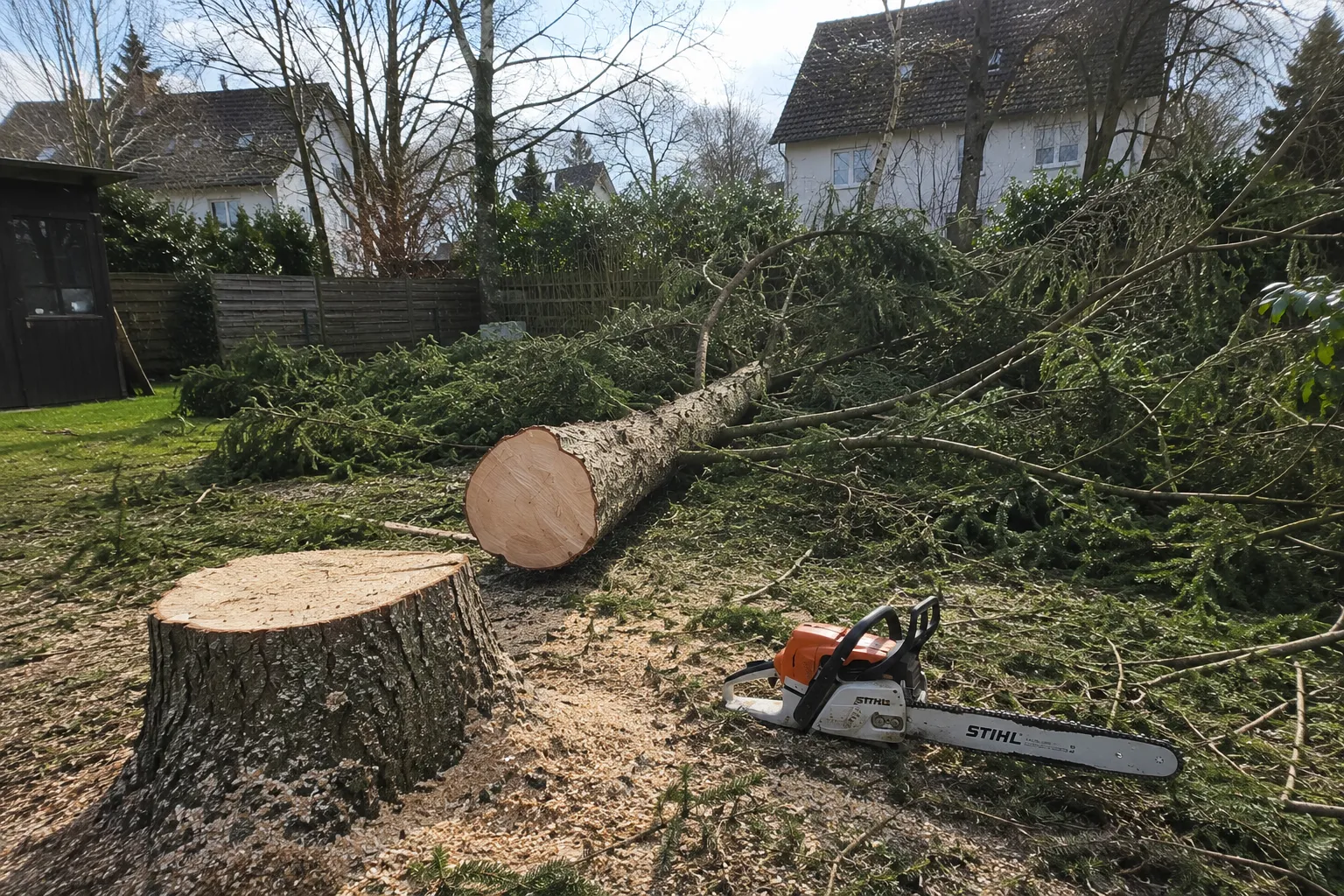 Baumfällung: Gefällter Nadelbaumstamm mit Motorsäge und Baumstumpf im Garten