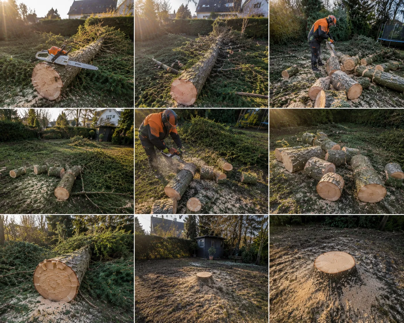 Facharbeiter im Schutzanzug sägt gefällten Baumstamm zu Rundholzstücken im Garten (Baumfällung)