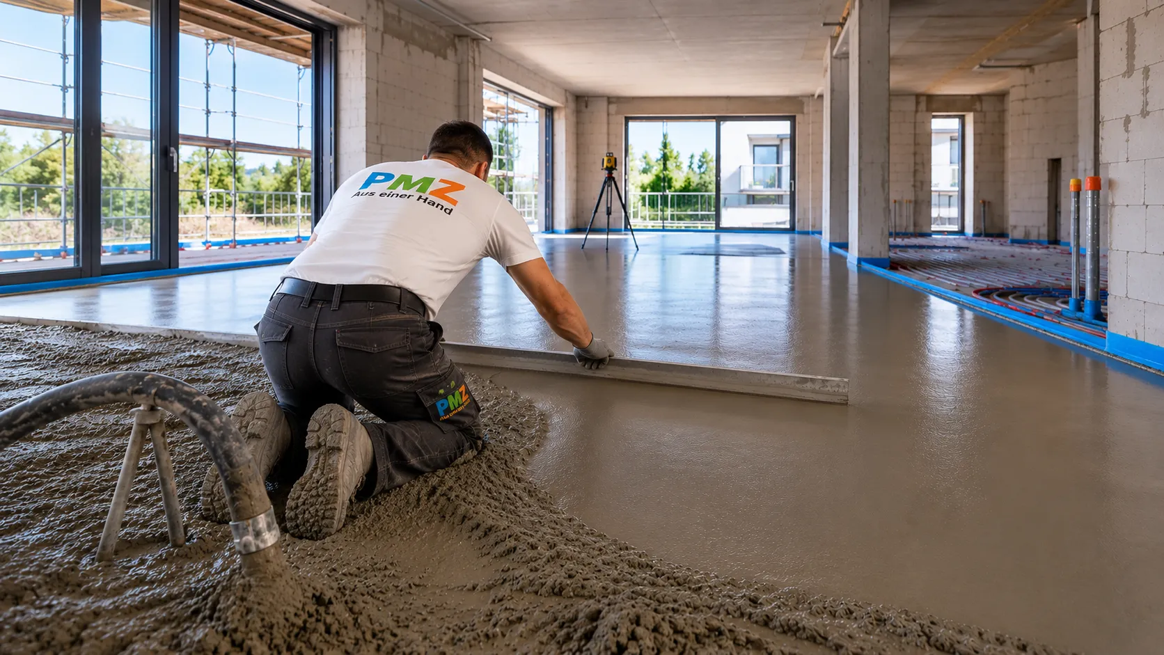 Handwerker glättet frischen Estrichboden in Rohbau mit Richtlatte