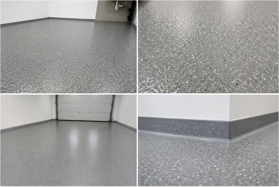 Grauer Epoxidharzboden mit weißen und schwarzen Chips in einer professionell beschichteten Garage