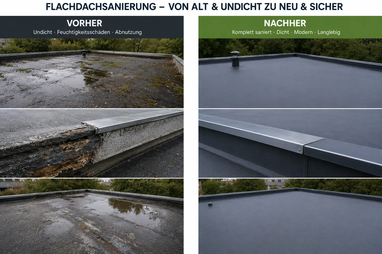 Vorher-Nachher Flachdachsanierung: altes, undichtes, beschädigtes Dach mit Pfützen und saniertes, glattes, modernes Flachdach