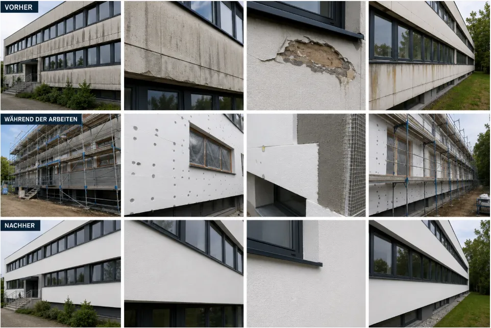 Collage einer Fassadensanierung am Bürogebäude – Vorher verschmutzte Außenwand, während WDVS-Dämmung mit Gerüst, Nachher glatter weißer Putz