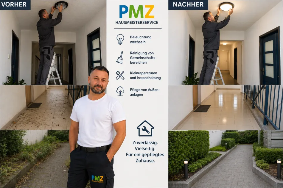 Hausmeisterservice: Austausch einer Deckenleuchte und gründliche Reinigung des Hausflurs im Vorher-Nachher-Vergleich