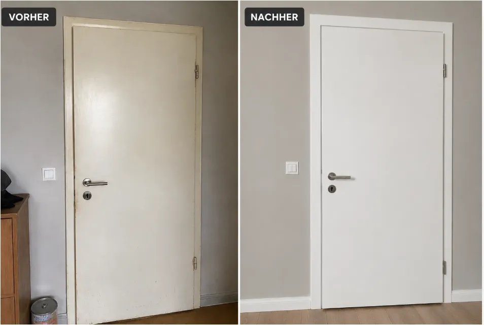 Vorher-nachher einer Innentürenmontage mit neuem weißen Türblatt und Rahmen