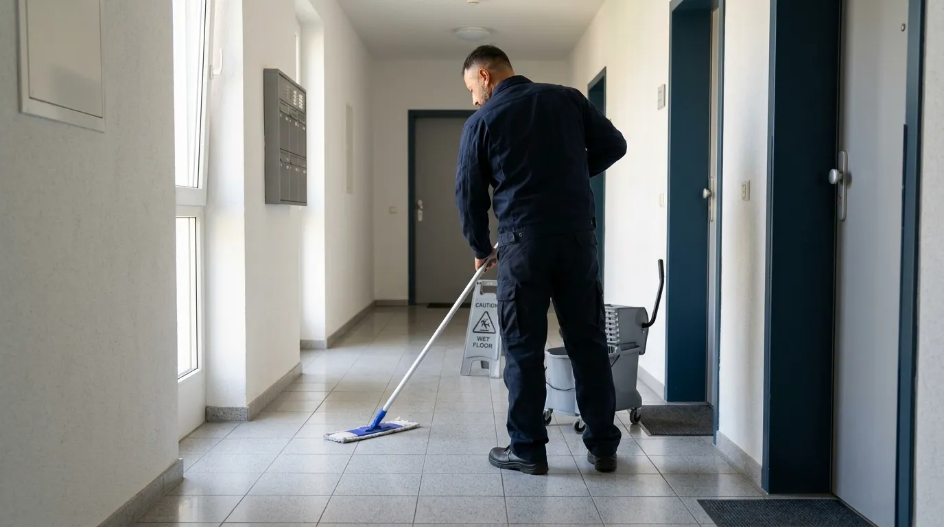 Mitarbeiter im Hausmeisterservice wischt mit Mopp und Eimer den Flurboden mit Warnschild