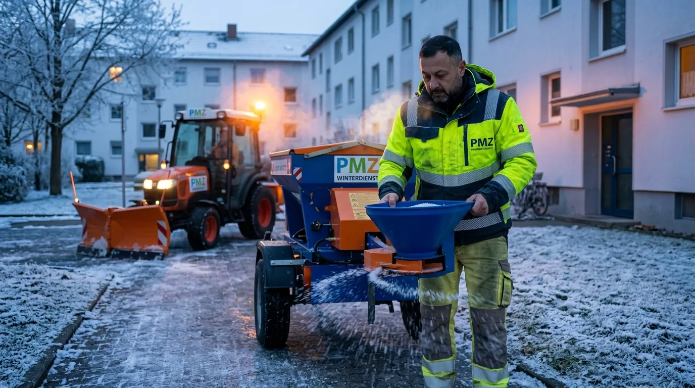 Mitarbeiter im Hausmeisterservice streut im Winter Auftausalz auf verschneiten Gehweg vor Wohngebäude