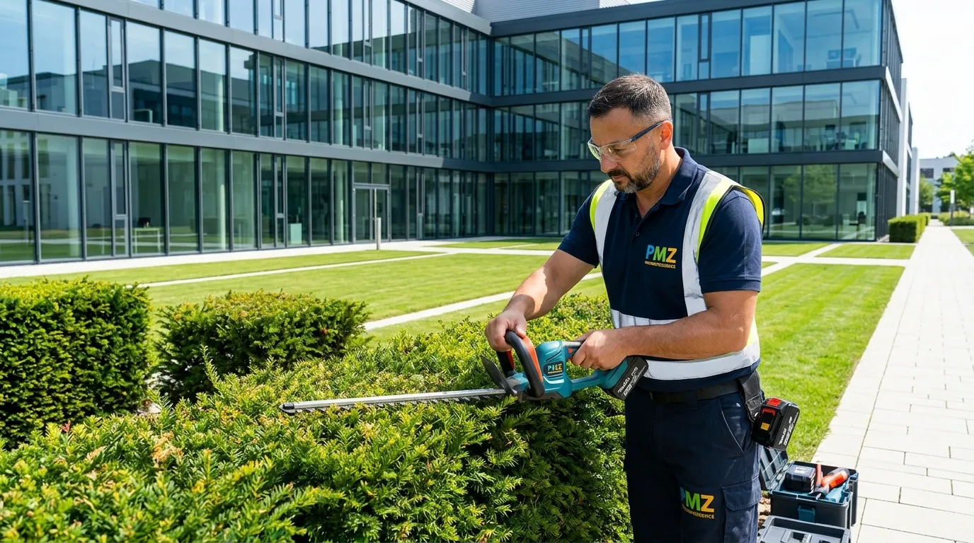 Mann schneidet Hecke vor modernem Bürogebäude als Pflege von Außen- und Grünanlagen