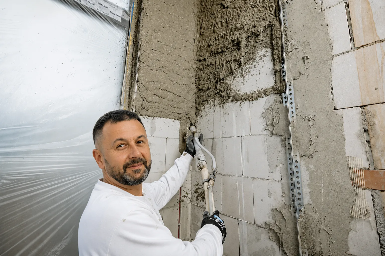 Handwerker spritzt Putz mit Maschine auf Porenbetonmauer – Putzarbeiten