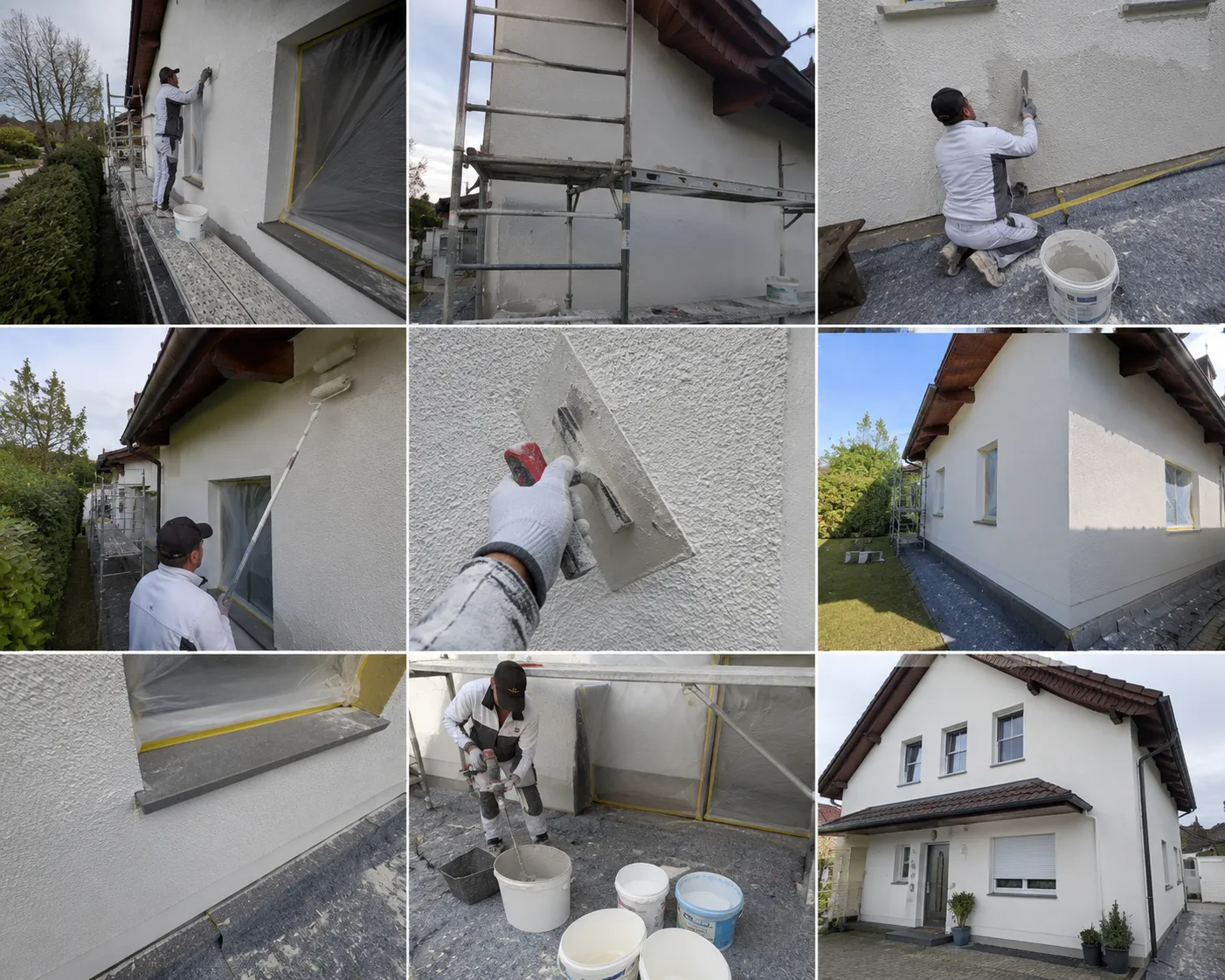 Handwerker führt Putzarbeiten an der Außenfassade eines Wohnhauses auf Gerüst aus