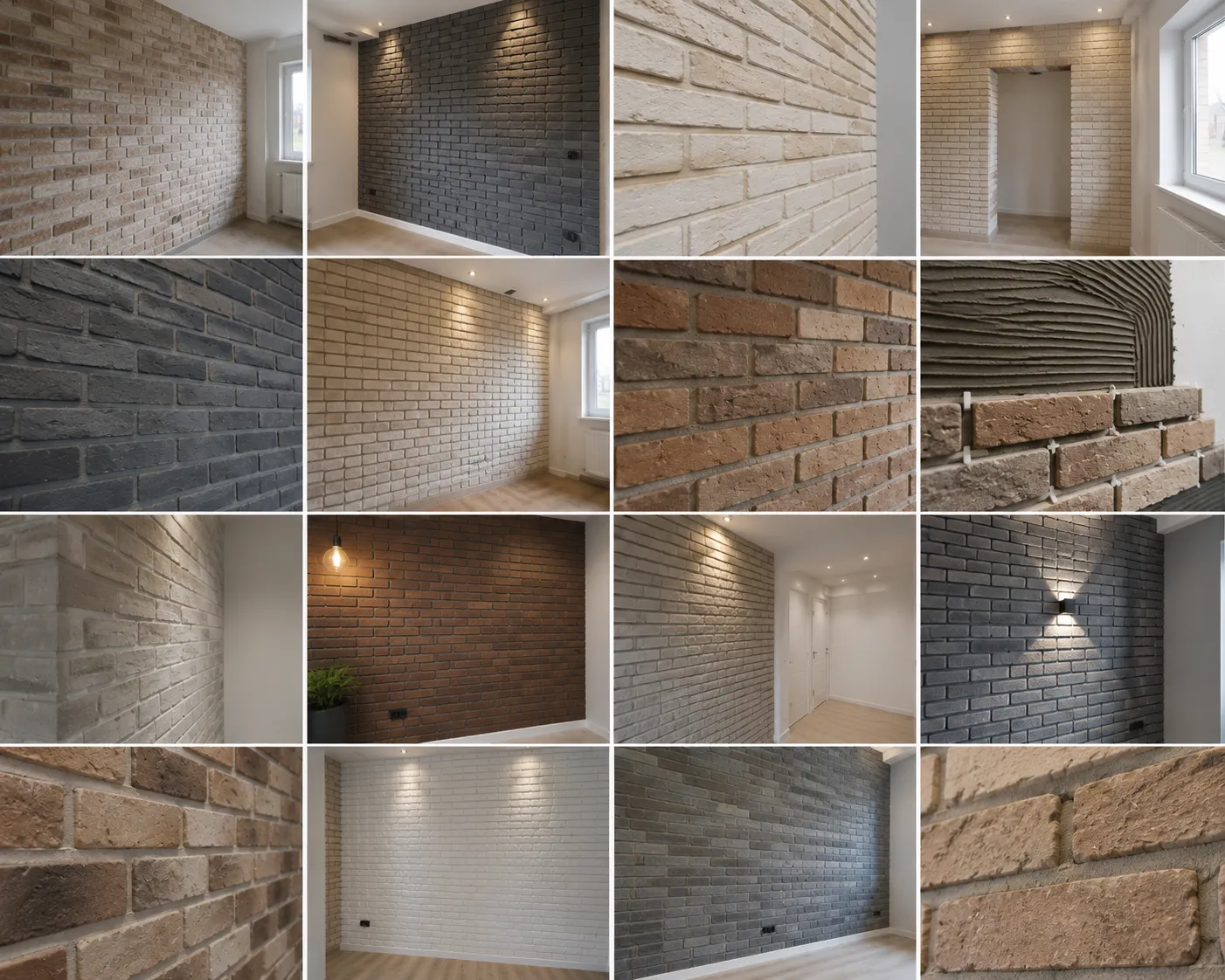 Innenwand mit hellen Klinkerriemchen im Schachbrettmuster, beleuchtet durch Deckenspots, moderne Mauerwerksoptik