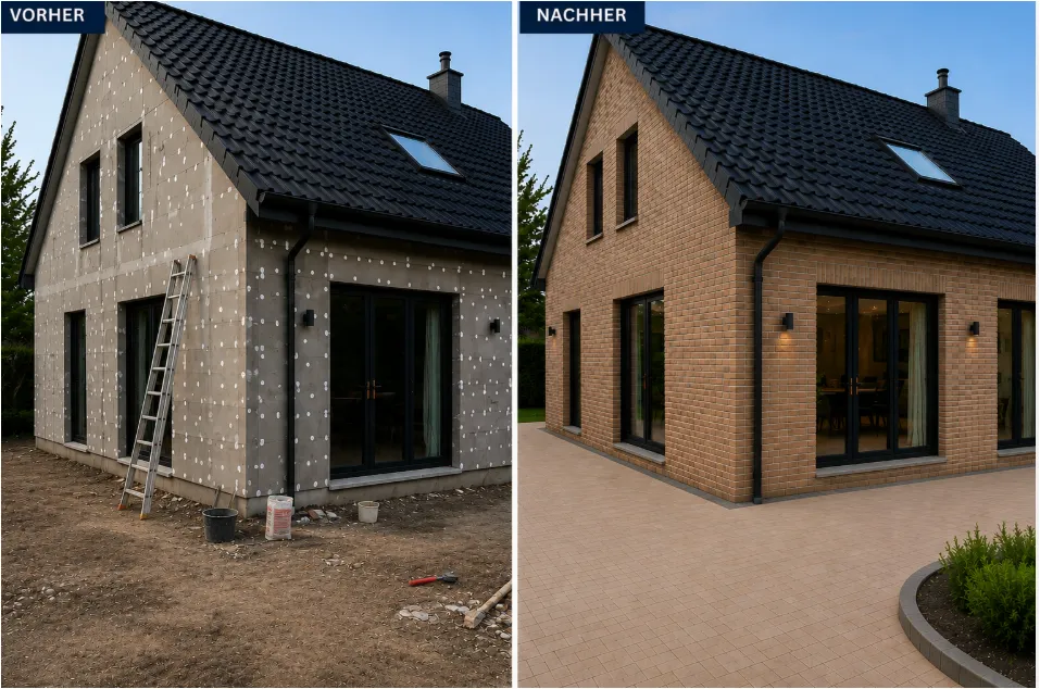 Einfamilienhaus im Vorher-Nachher-Vergleich: links mit Wärmedämmplatten, rechts Klinkerriemchen-Fassade