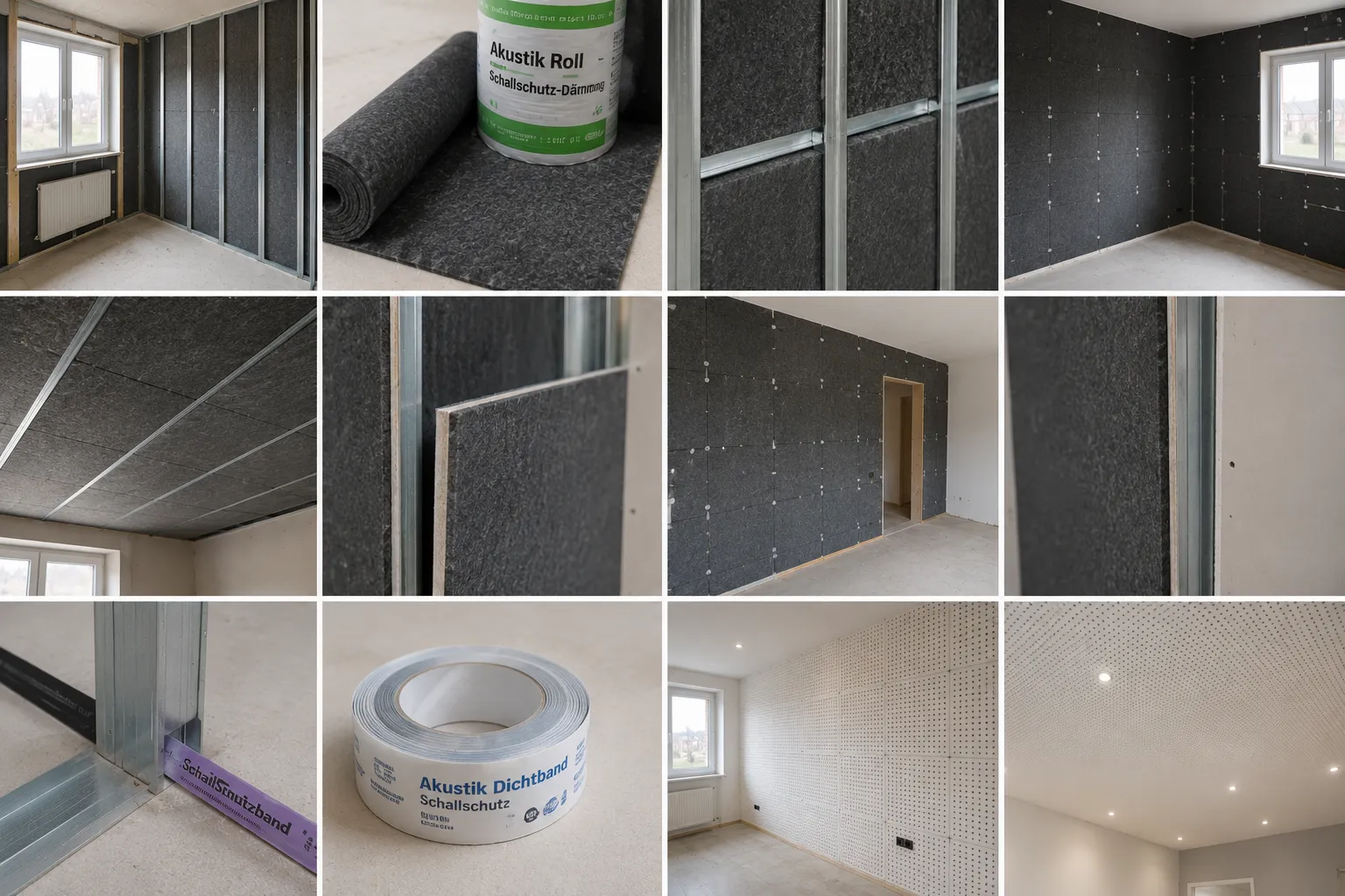 Montage von Schallschutz-Trockenbau mit schwarzen Akustikplatten, Stahlprofilen und Dichtbändern