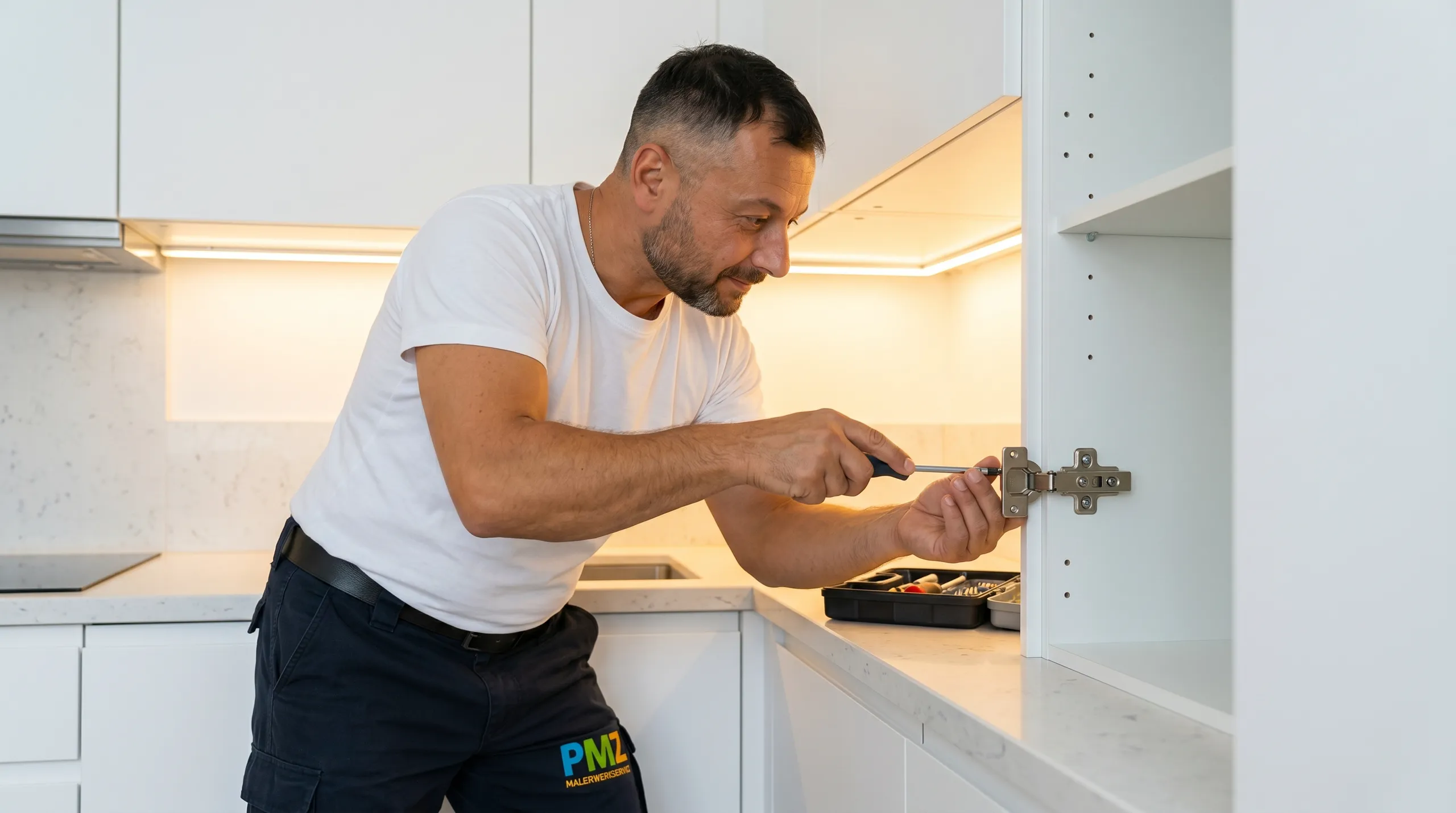 Handwerker montiert Küchenschranktür mit Schraubendreher in moderner Küche