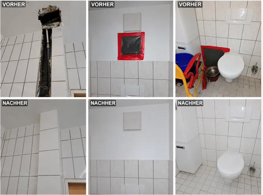 Vorher-Nachher-Vergleich einer Badsanierung mit neu verlegten Fliesen und geschlossenem Installationsschacht