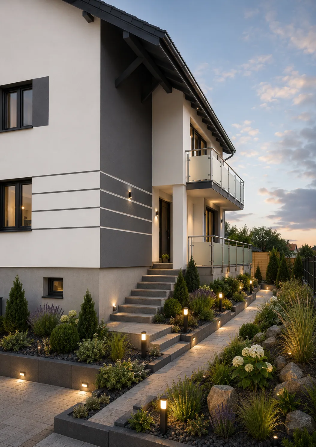 Hauszugang mit modernen Treppenstufen und Pflasterarbeiten entlang beleuchteter Pflanzbeete