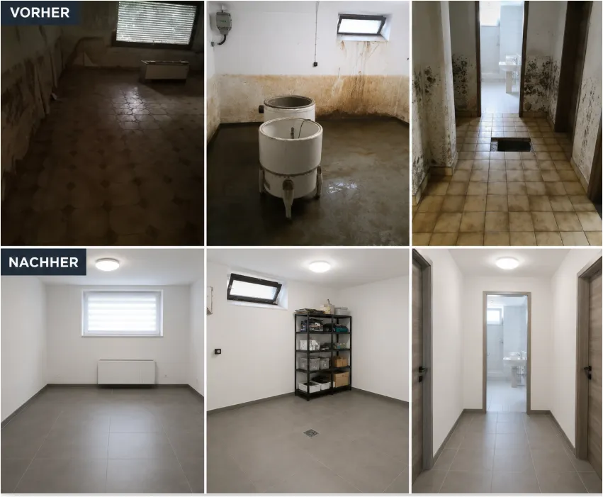 Vorher-Nachher-Vergleich schimmelsanierte und neu geflieste Kellerräume