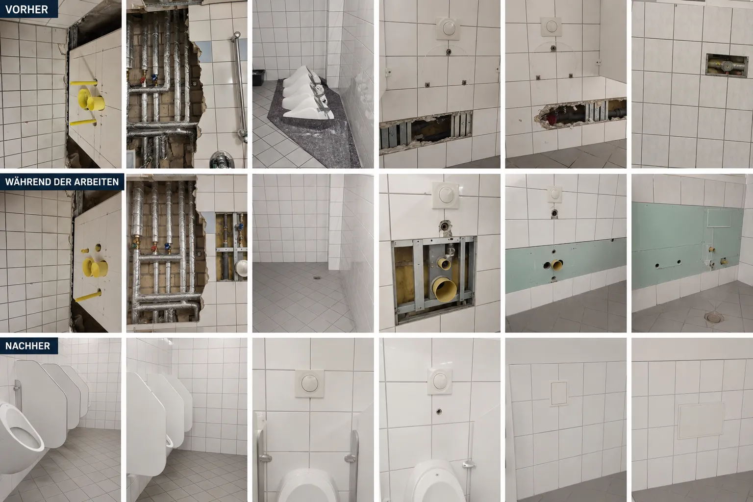 Badsanierung in Herrentoilette mit Austausch von Urinalen und neuen Fliesenarbeiten