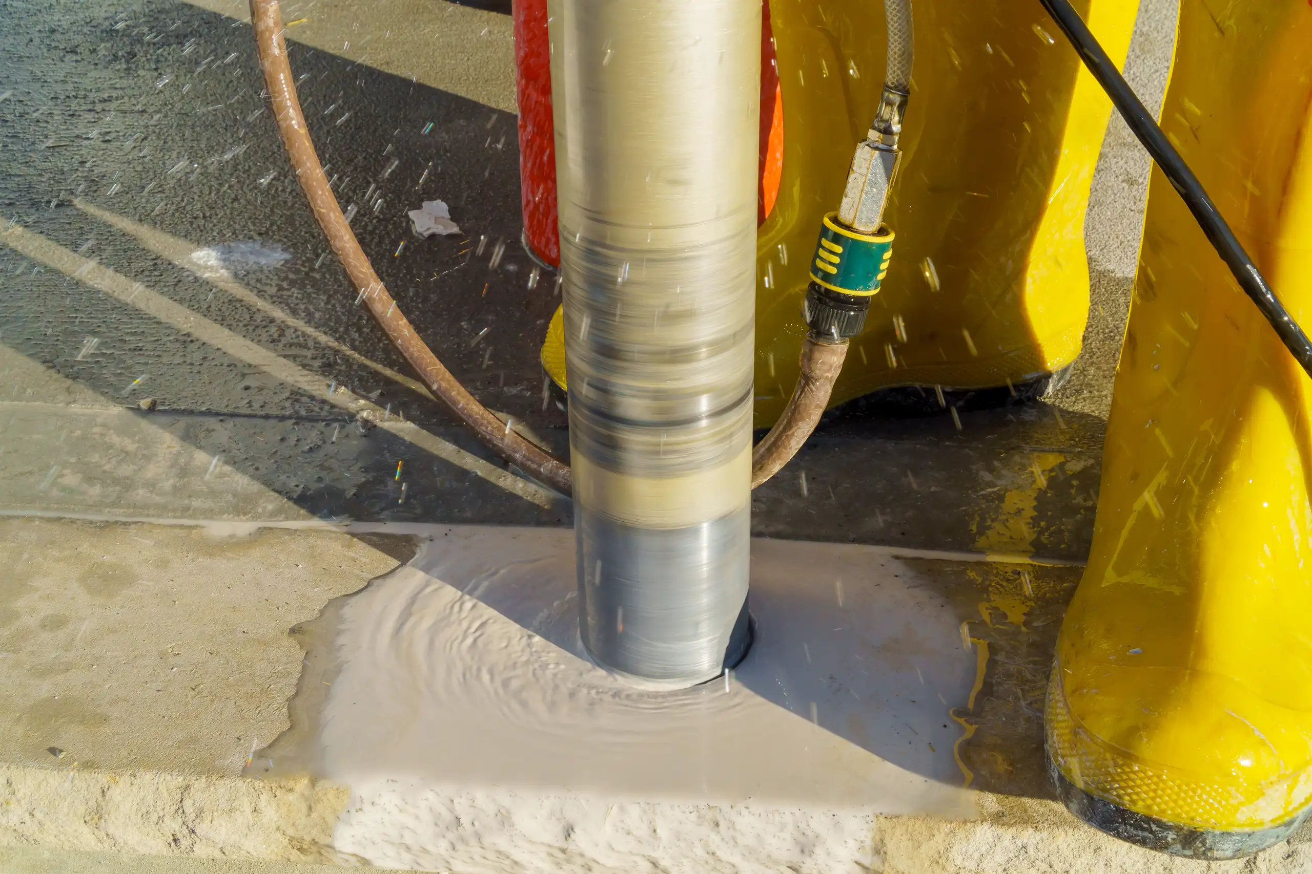 Bohrkernmaschine in Betonboden mit Wasserzufuhr während Kernbohrarbeiten, Arbeiter in gelben Gummistiefeln