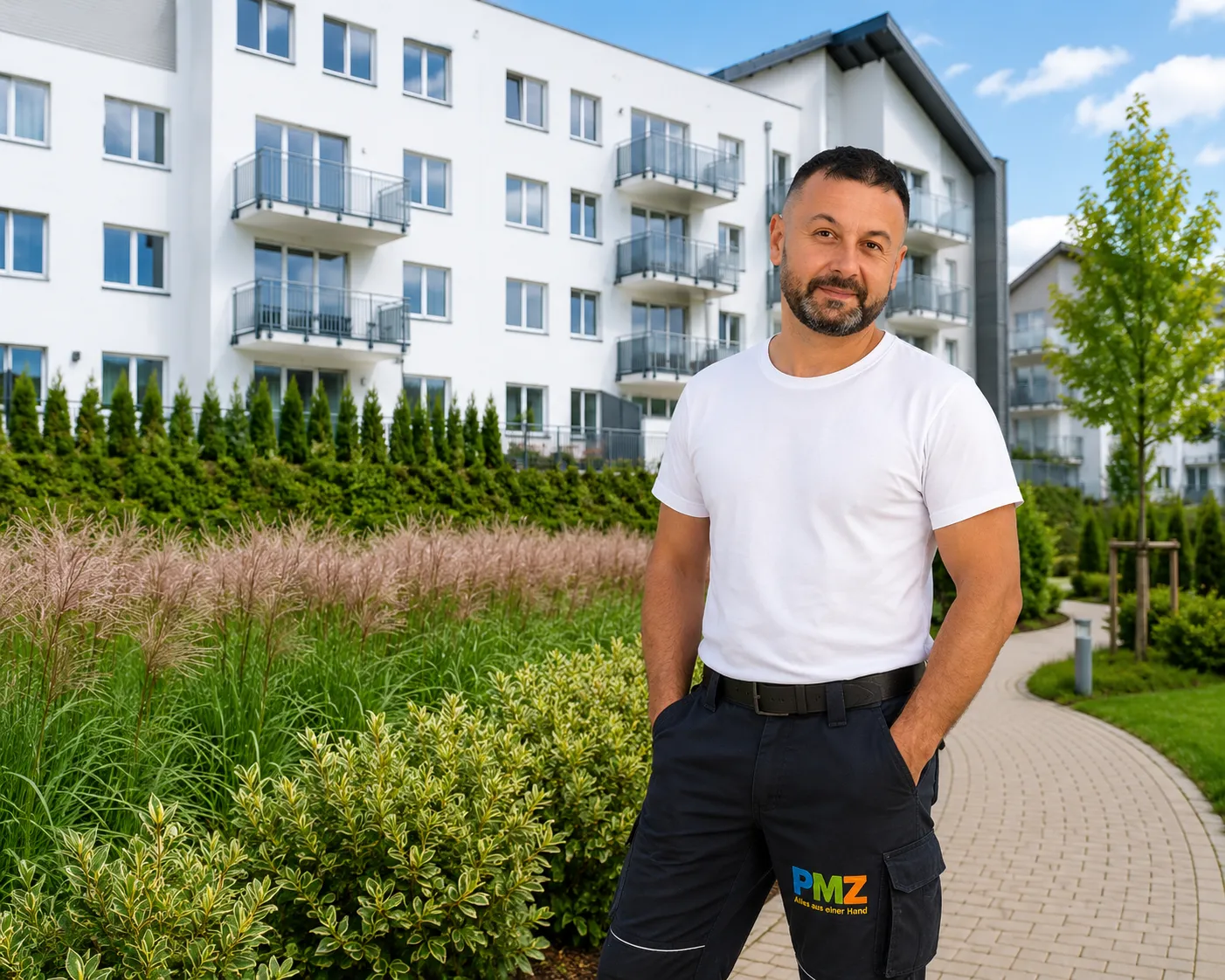 Mitarbeiter im Hausmeisterservice vor gepflegten Außenanlagen und modernem Wohngebäude